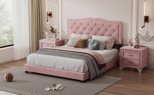 English Elm Queen Size Upholstered Bed Frame With Rivet Design, Modern Velvet Platform Bed With Tufted Headboard,Pink