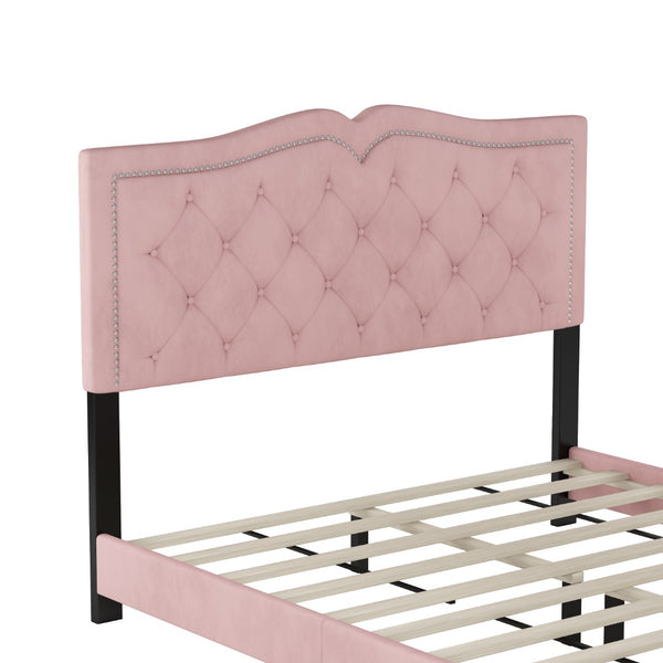 English Elm Queen Size Upholstered Bed Frame With Rivet Design, Modern Velvet Platform Bed With Tufted Headboard,Pink