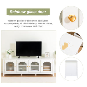 English Elm 71-inch Rustic TV Console Table with Solid Wood Frame, Changhong Glass Doors & Metal Handles—Antique White, Kid-Friendly Living Room Storage (74.8x22.05x7.87) W679P144771