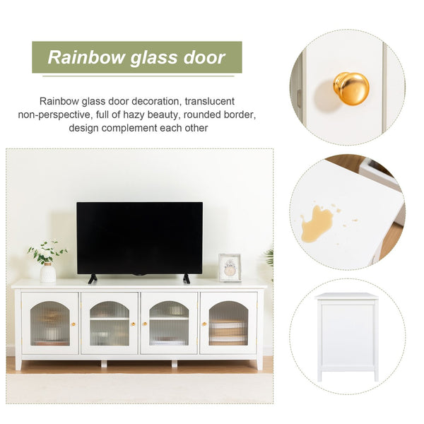 English Elm 71-inch Rustic TV Console Table with Solid Wood Frame, Changhong Glass Doors & Metal Handles—Antique White, Kid-Friendly Living Room Storage (74.8x22.05x7.87) W679P144771