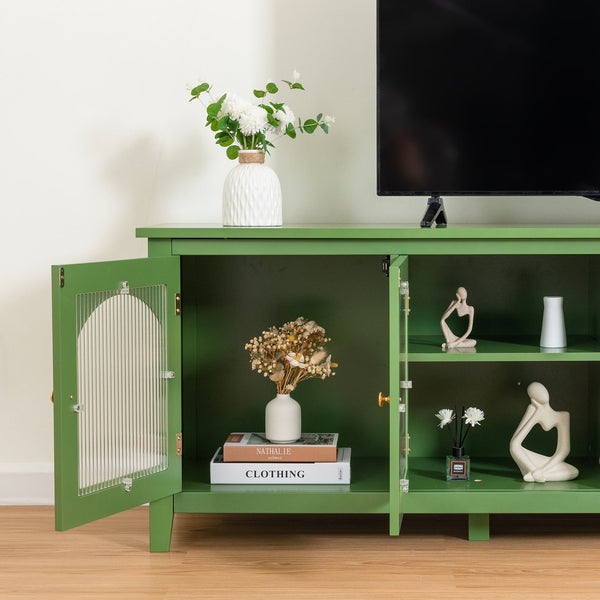 English Elm 71-inch Antique Green TV Console Table with Solid Wood Frame, Changhong Glass Doors & Metal Handles — Stylish Media Center for Bedroom or Kids' Room (74.8x22.05x7.87) W67966833