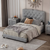 Full Size Upholstered Bed Frame with Rivet Design, Modern Velvet Platform Bed with Tufted Headboard, Gray