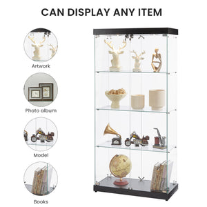 English Elm 4-Tier Glass Display Cabinet with Wheels & Adjustable Feet, Tempered Glass, Ambient LED Lights, Black W1668S00001