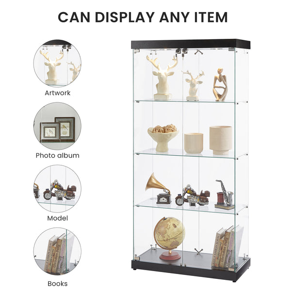 English Elm 4-Tier Glass Display Cabinet with Wheels & Adjustable Feet, Tempered Glass, Ambient LED Lights, Black W1668S00001