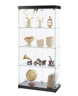 English Elm 4-Tier Glass Display Cabinet with Wheels & Adjustable Feet, Tempered Glass, Ambient LED Lights, Black W1668S00001