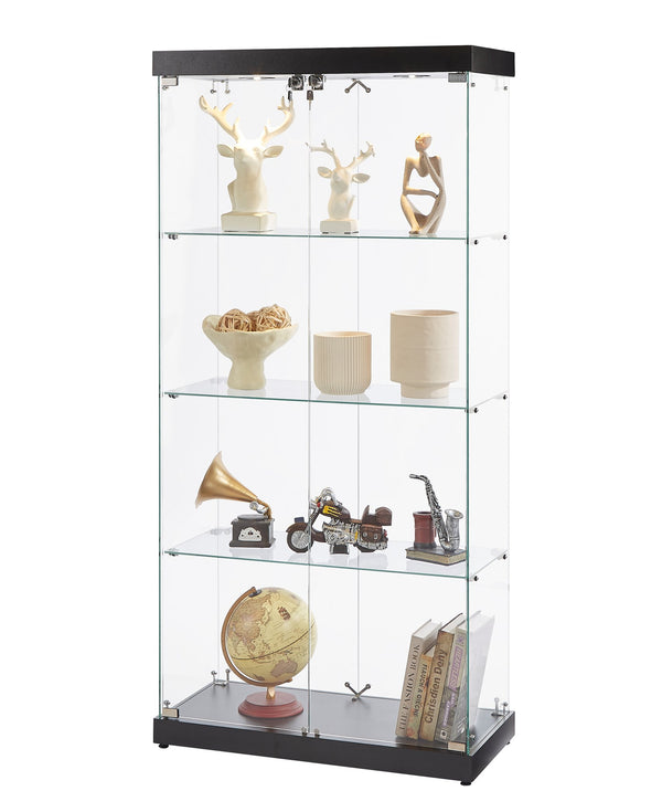 English Elm 4-Tier Glass Display Cabinet with Wheels & Adjustable Feet, Tempered Glass, Ambient LED Lights, Black W1668S00001