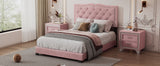 English Elm Full Size Upholstered Bed Frame With Rivet Design, Modern Velvet Platform Bed With Tufted Headboard,Pink