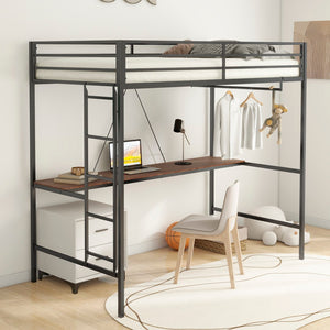 Christopher Knight Home® - Noble House - Adam Sturdy Twin Loft Bunk Black With Cinnamon Wood Desk And Closet Rod For Adult And Kids, And Easy Climbing With Sturdy Ladder, Space Saving