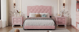 English Elm Full Size Upholstered Bed Frame With Rivet Design, Modern Velvet Platform Bed With Tufted Headboard,Pink