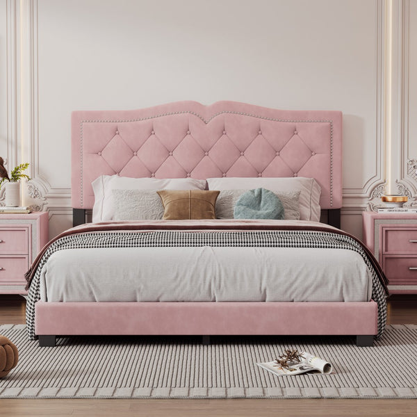 English Elm Queen Size Upholstered Bed Frame With Rivet Design, Modern Velvet Platform Bed With Tufted Headboard,Pink