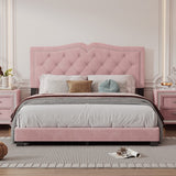 Queen Upholstered Bed Frame - Velvet Platform Rivet Design Tufted Headboard Pink