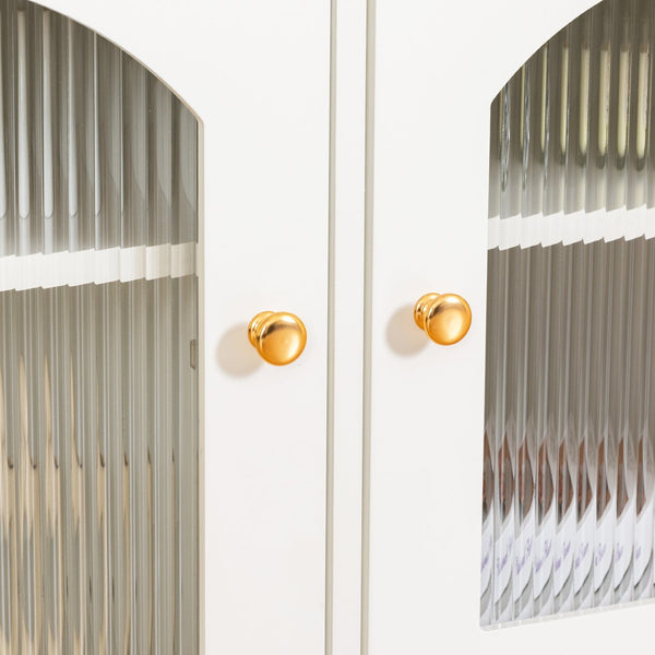 English Elm 71-inch Rustic TV Console Table with Solid Wood Frame, Changhong Glass Doors & Metal Handles—Antique White, Kid-Friendly Living Room Storage (74.8x22.05x7.87) W679P144771