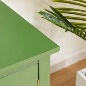 English Elm 71-inch Antique Green TV Console Table with Solid Wood Frame, Changhong Glass Doors & Metal Handles — Stylish Media Center for Bedroom or Kids' Room (74.8x22.05x7.87) W67966833