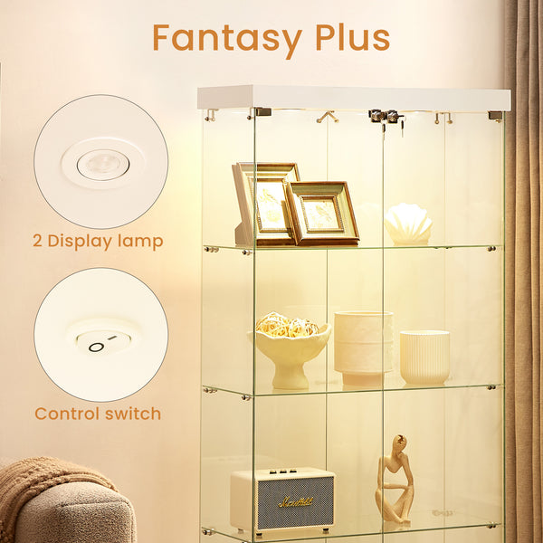 English Elm 4-Tier Glass Display Cabinet with Lights, Tempered Glass, MDF, Wheels & Adjustable Feet, White, 31.5"L x 14.2"W x 66.3"H W1668S00002