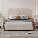 Hearth and Haven Full Size Upholstered Bed Frame with Rivet Design, Modern Velvet Platform Bed with Tufted Headboard, Beige WF317301AAA