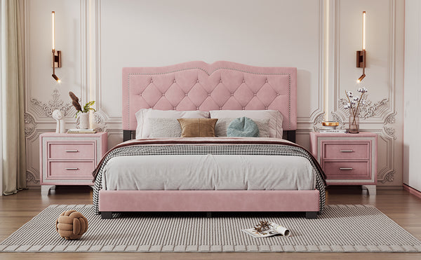 English Elm Queen Size Upholstered Bed Frame With Rivet Design, Modern Velvet Platform Bed With Tufted Headboard,Pink