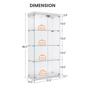 English Elm 4-Tier Glass Display Cabinet with Lights, Tempered Glass, MDF, Wheels & Adjustable Feet, White, 31.5"L x 14.2"W x 66.3"H W1668S00002