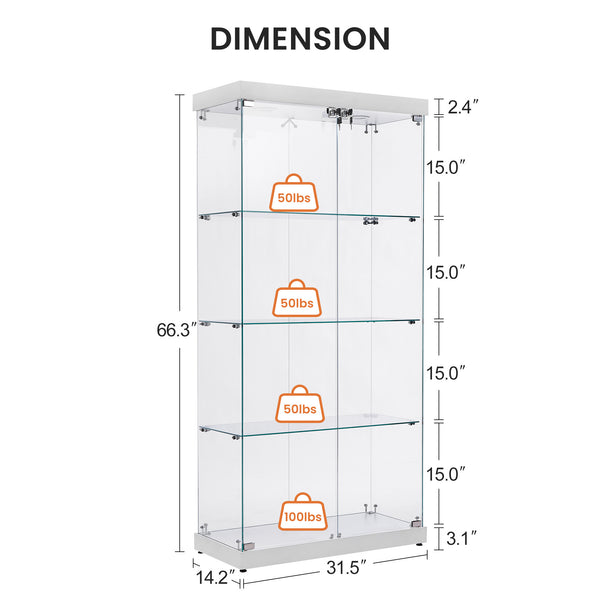 English Elm 4-Tier Glass Display Cabinet with Lights, Tempered Glass, MDF, Wheels & Adjustable Feet, White, 31.5"L x 14.2"W x 66.3"H W1668S00002