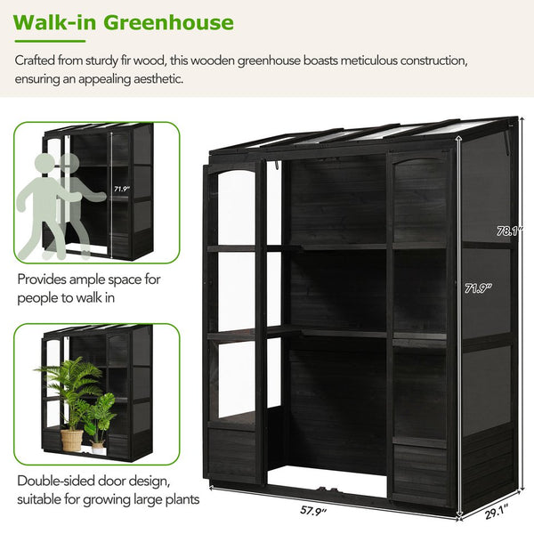 English Elm TOPMAX 78-inch Wooden Greenhouse Walk-In with 4 Skylights, 2 Folding Shelves & Anti-Fall Stability Black SP100017AAB