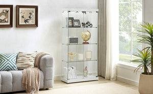 English Elm 4-Tier Glass Display Cabinet with Lights, Tempered Glass, MDF, Wheels & Adjustable Feet, White, 31.5"L x 14.2"W x 66.3"H W1668S00002