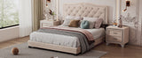 English Elm Queen Size Upholstered Bed Frame With Rivet Design, Modern Velvet Platform Bed With Tufted Headboard,Beige