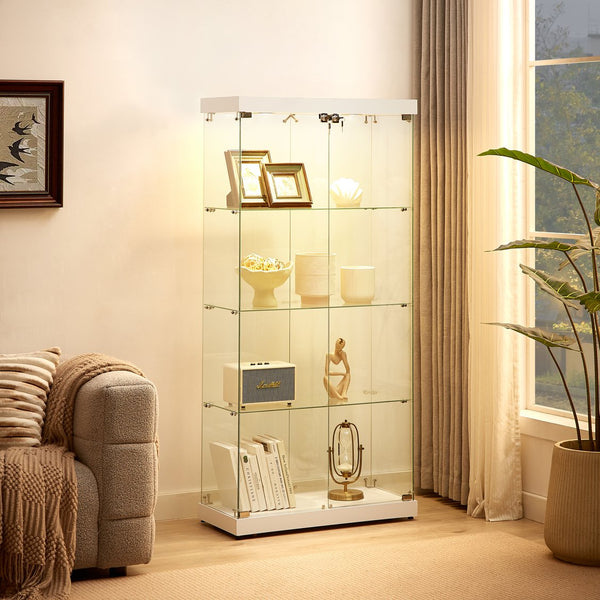 English Elm 4-Tier Glass Display Cabinet with Lights, Tempered Glass, MDF, Wheels & Adjustable Feet, White, 31.5"L x 14.2"W x 66.3"H W1668S00002
