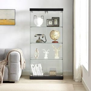 English Elm 4-Tier Glass Display Cabinet with Wheels & Adjustable Feet, Tempered Glass, Ambient LED Lights, Black W1668S00001