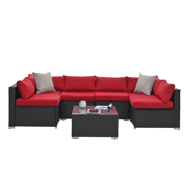 English Elm Patio Furniture Sets - Stylish 7-Piece Hand-Woven Wicker Collection With Plush Cushions & Glass Tabletop W1703S00034-GIGA