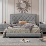 English Elm Queen Size Upholstered Bed Frame With Rivet Design, Modern Velvet Platform Bed With Tufted Headboard,Gray