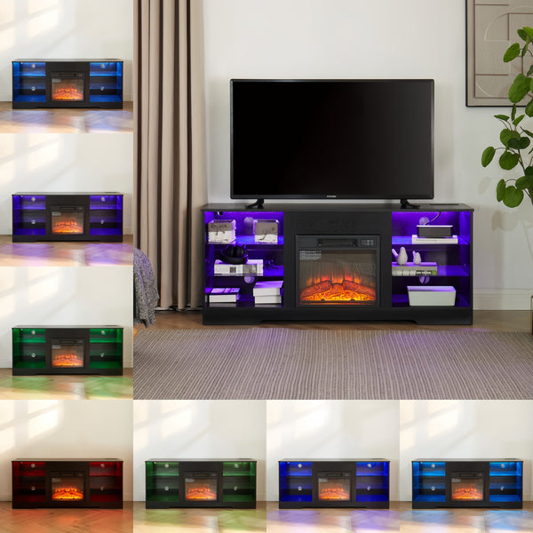 English Elm TV 58" Electric Fireplace TV Stand with 3D Realistic Flame, LED Lights, USB & AC Power Strip, Modern Media Console Black W2275P149867