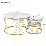 English Elm Φ27.5'' & Φ17.7'' Nesting Coffee Table With Marble Grain Table Top, Golden Iron Frame Round Coffee Table, Set Of 2, For Living Room, Balcony, White