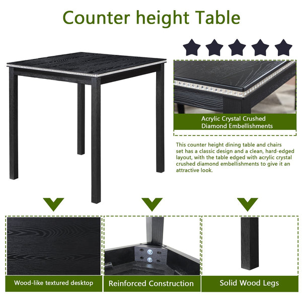 English Elm 5 Piece Counter Height Table Set - Modern Wooden Dining Set With Crystal Accents & Upholstered Chairs W1998S00038