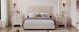 English Elm Full Size Upholstered Bed Frame With Rivet Design, Modern Velvet Platform Bed With Tufted Headboard,Beige