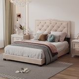 Full Size Upholstered Bed Frame with Rivet Design, Modern Velvet Platform Bed with Tufted Headboard, Beige