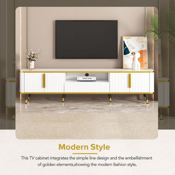 English Elm On-trend Glam Minimalist Media Console with Gold Iron Legs Open Shelf for Living Room White+Gold WF320395AAK