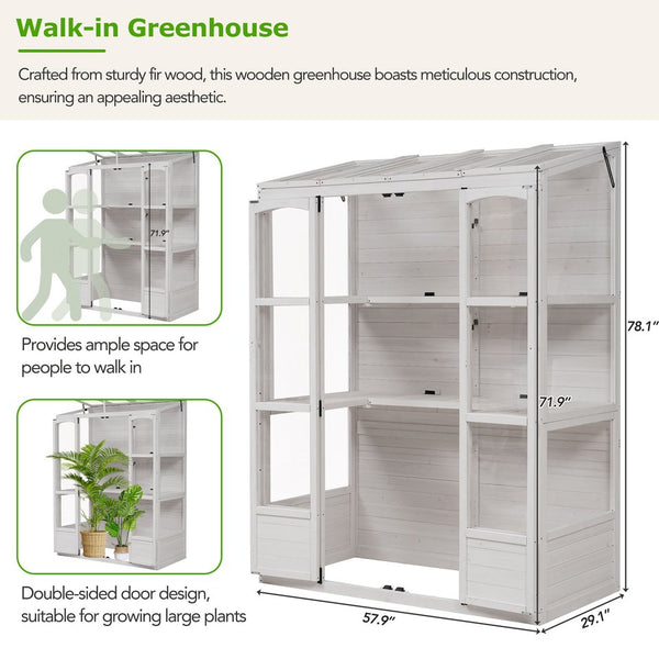English Elm TOPMAX 78-inch Wooden Greenhouse Walk-In with 4 Skylights, 2 Folding Shelves & Anti-Fall Stability White SP100017AAK