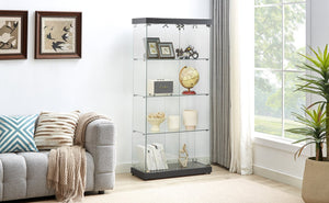 English Elm 4-Tier Glass Display Cabinet with Wheels & Adjustable Feet, Tempered Glass, Ambient LED Lights, Black W1668S00001