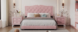 English Elm Queen Size Upholstered Bed Frame With Rivet Design, Modern Velvet Platform Bed With Tufted Headboard,Pink