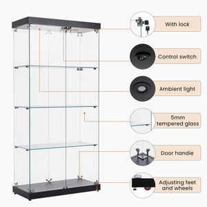 English Elm 4-Tier Glass Display Cabinet with Wheels & Adjustable Feet, Tempered Glass, Ambient LED Lights, Black W1668S00001