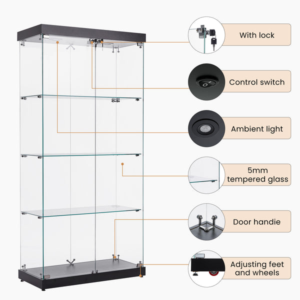 English Elm 4-Tier Glass Display Cabinet with Wheels & Adjustable Feet, Tempered Glass, Ambient LED Lights, Black W1668S00001