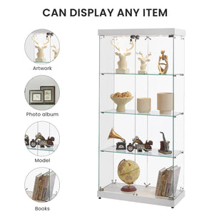 English Elm 4-Tier Glass Display Cabinet with Lights, Tempered Glass, MDF, Wheels & Adjustable Feet, White, 31.5"L x 14.2"W x 66.3"H W1668S00002
