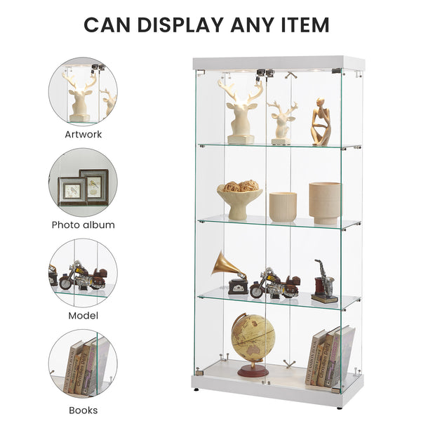 English Elm 4-Tier Glass Display Cabinet with Lights, Tempered Glass, MDF, Wheels & Adjustable Feet, White, 31.5"L x 14.2"W x 66.3"H W1668S00002