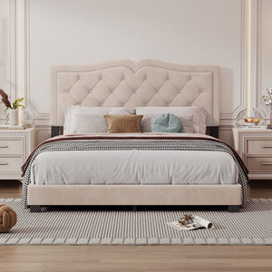 English Elm Queen Size Upholstered Bed Frame With Rivet Design, Modern Velvet Platform Bed With Tufted Headboard,Beige