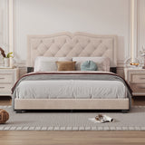 Queen Upholstered Bed Frame - Velvet Platform Rivet Design Tufted Headboard Beige