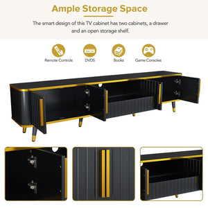 English Elm On-trend Glam Minimalist Media Console with Gold Iron Legs Open Shelf for Living Room Gold+Black WF320395AAB
