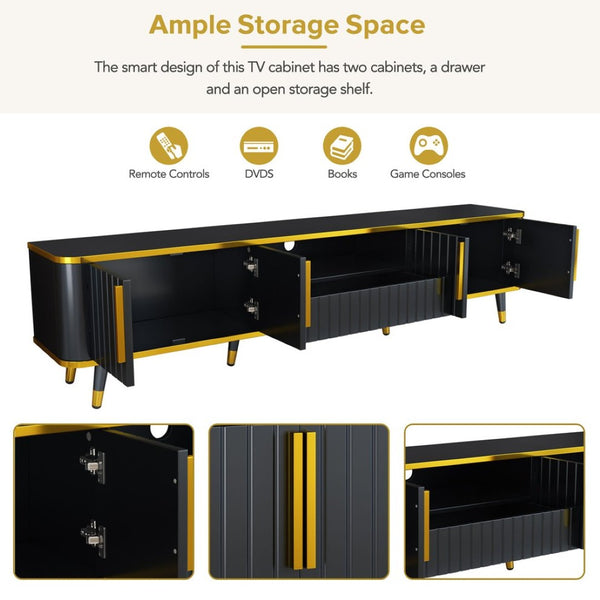 English Elm On-trend Glam Minimalist Media Console with Gold Iron Legs Open Shelf for Living Room Gold+Black WF320395AAB