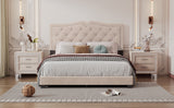 English Elm Queen Size Upholstered Bed Frame With Rivet Design, Modern Velvet Platform Bed With Tufted Headboard,Beige