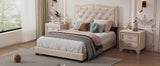 English Elm Full Size Upholstered Bed Frame With Rivet Design, Modern Velvet Platform Bed With Tufted Headboard,Beige