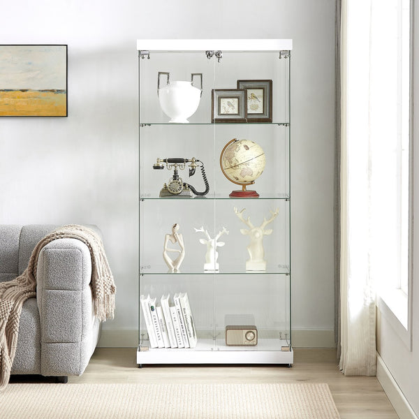 English Elm 4-Tier Glass Display Cabinet with Lights, Tempered Glass, MDF, Wheels & Adjustable Feet, White, 31.5"L x 14.2"W x 66.3"H W1668S00002
