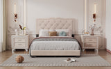 English Elm Full Size Upholstered Bed Frame With Rivet Design, Modern Velvet Platform Bed With Tufted Headboard,Beige